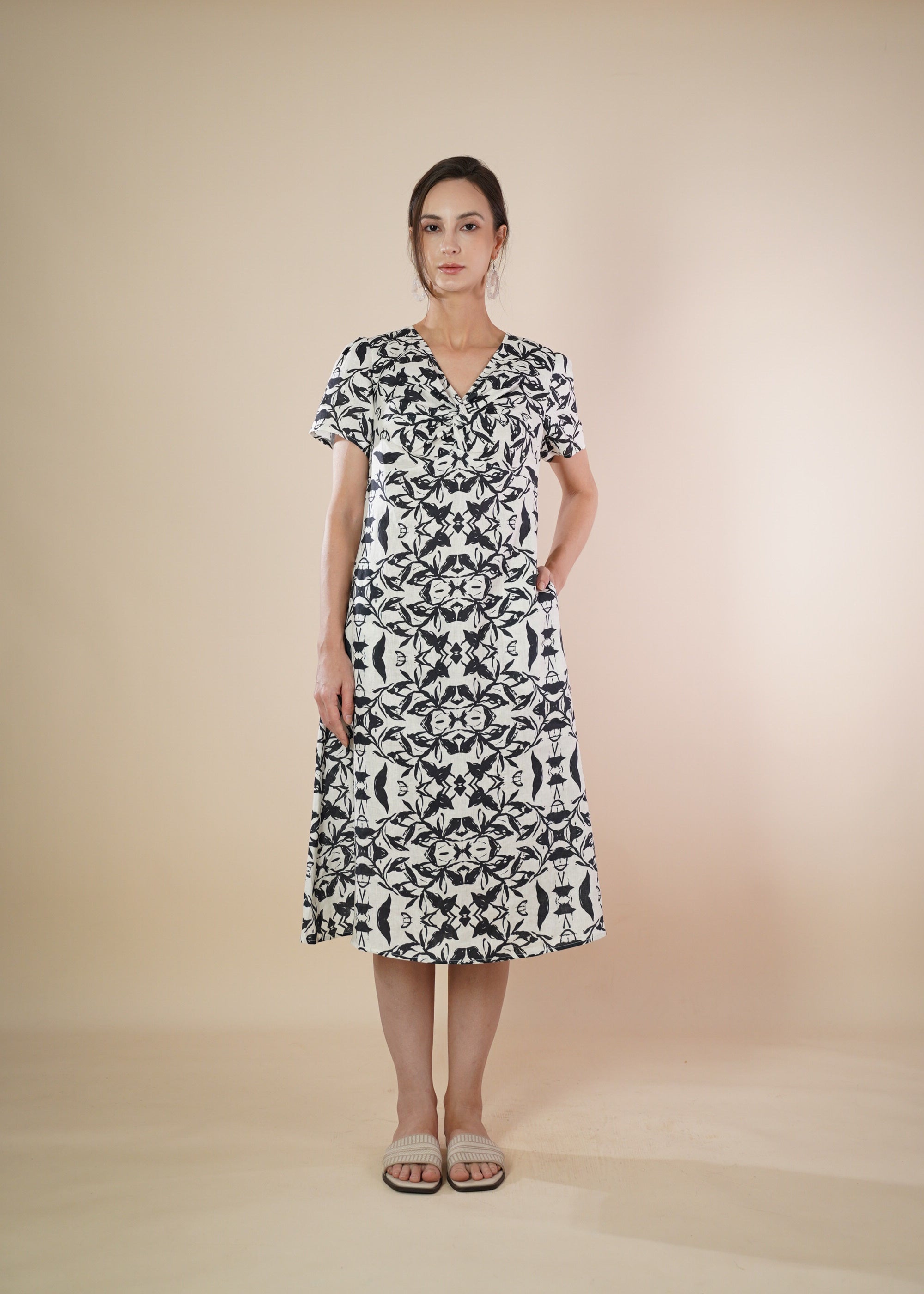 PRINTED LINEN MIDI DRESS