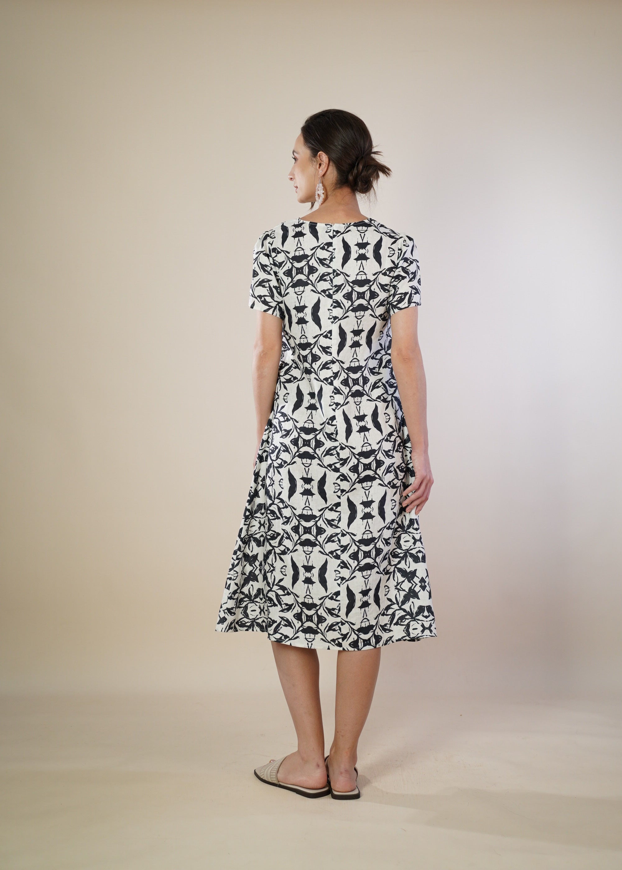 PRINTED LINEN MIDI DRESS