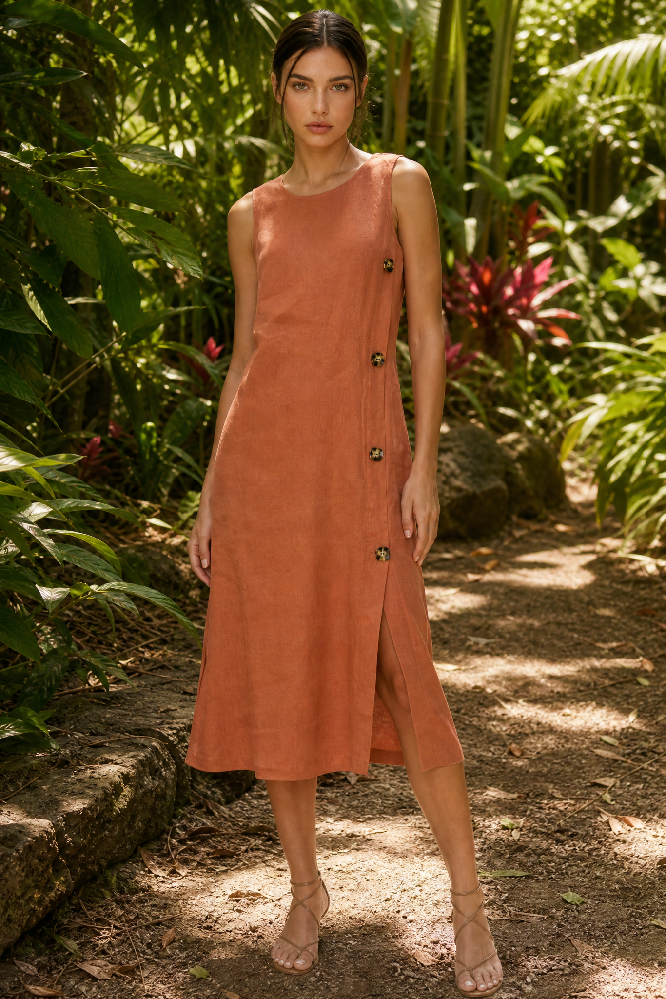 GREET SIDE BUTTON MIDI DRESS