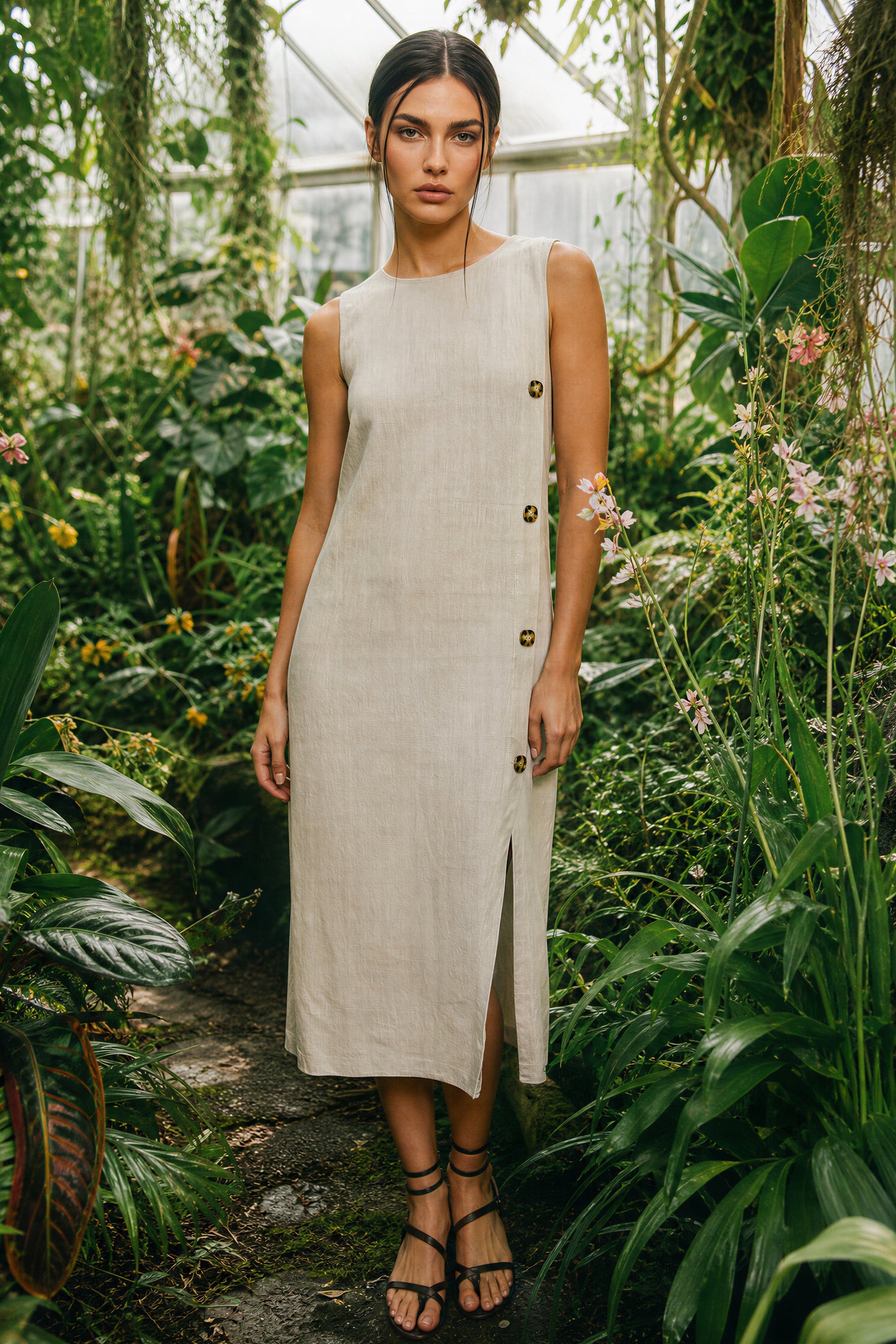 GREET SIDE BUTTON MIDI DRESS