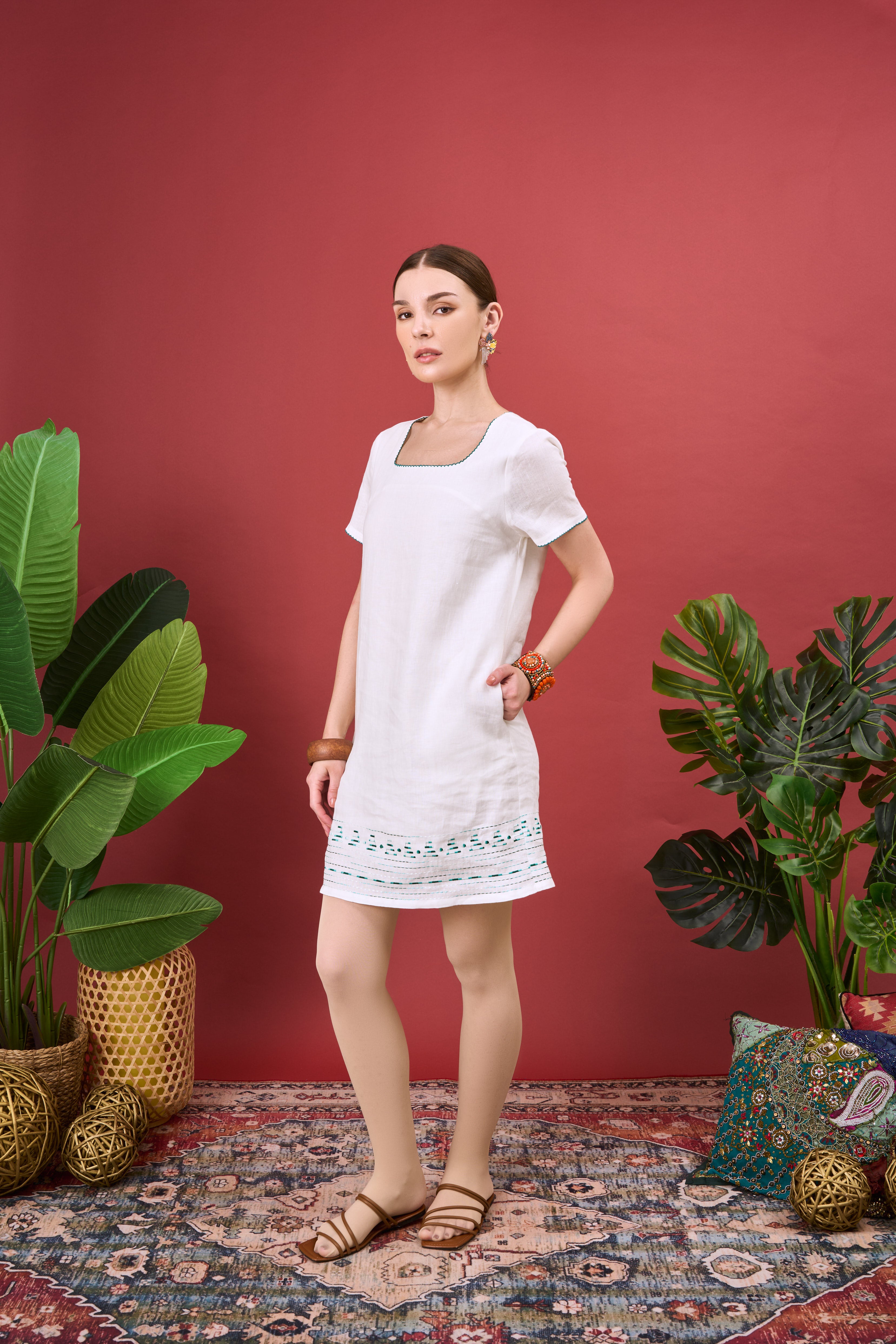 ERNA EMBROIDERY SQUARE NECK DRESS