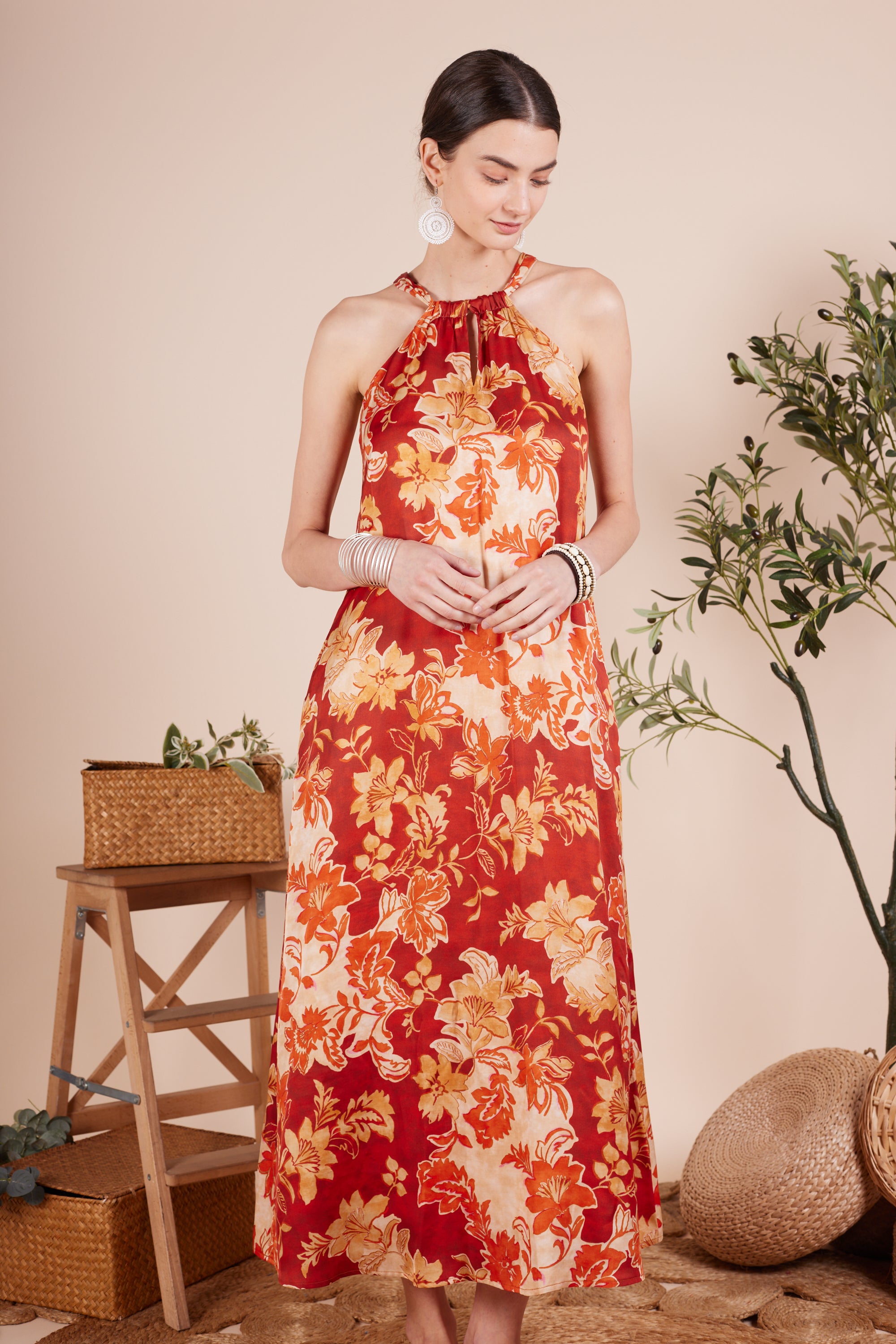 Myra Floral Printed Halterneck Dress