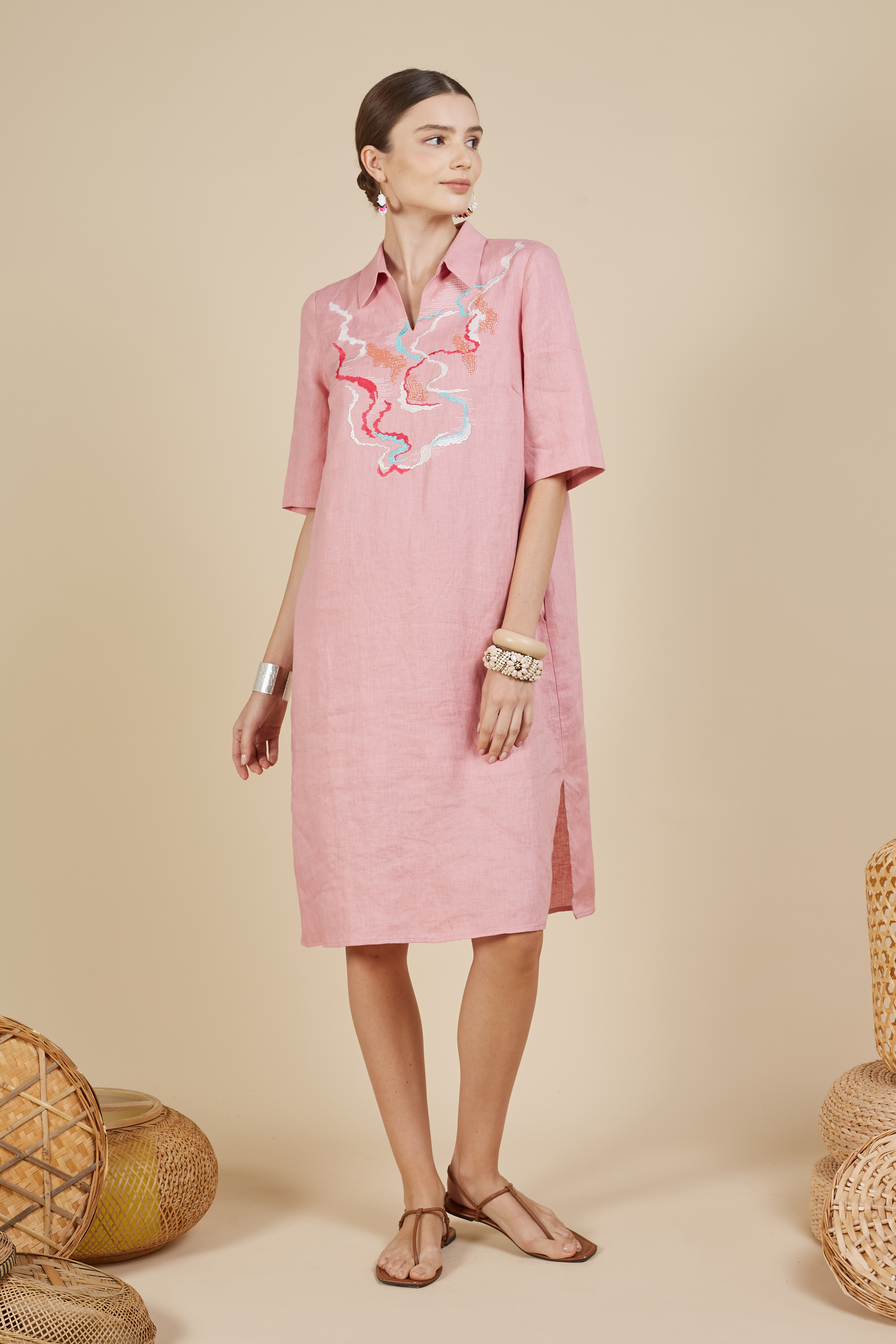 Pink Beaded Midi Dress