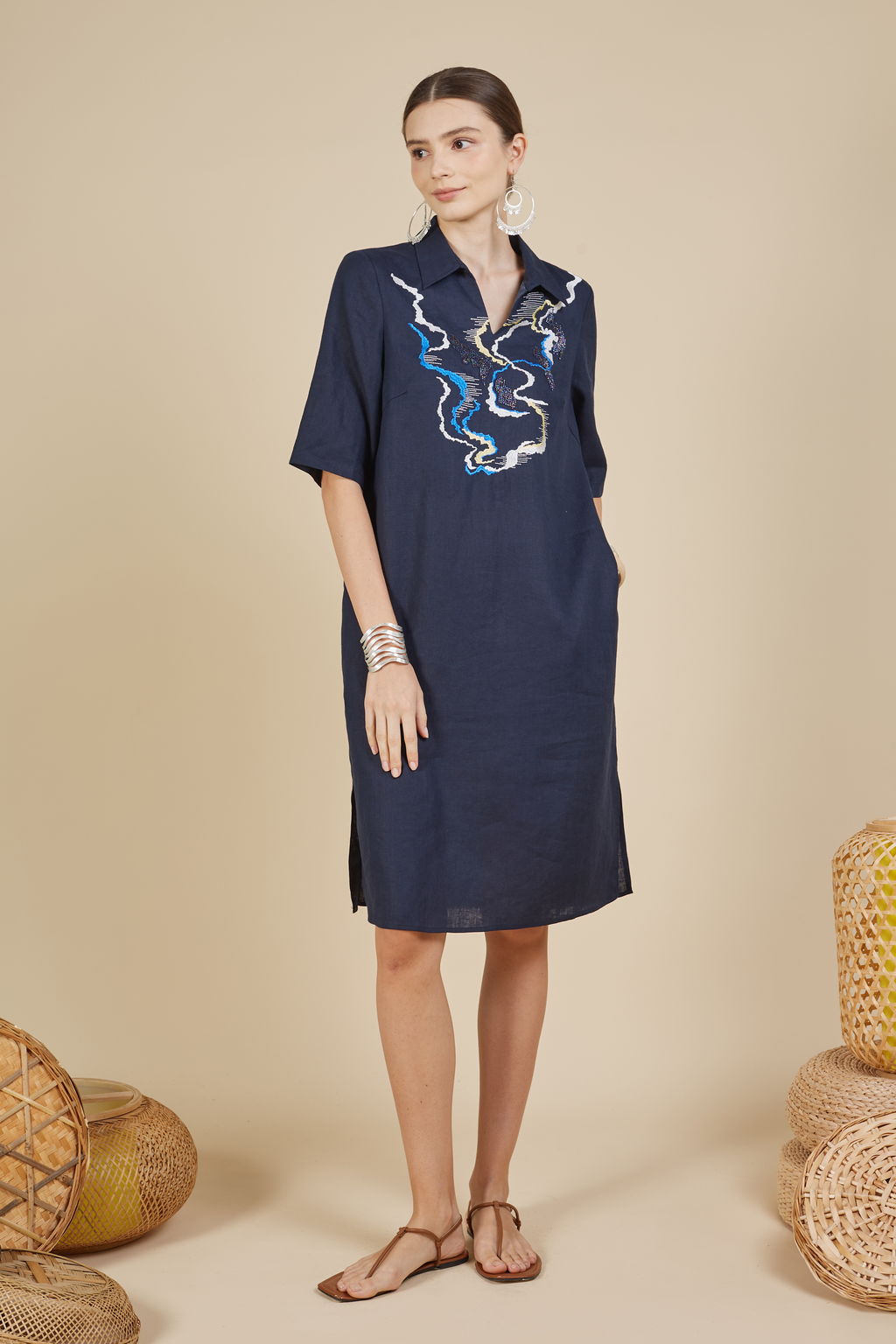 Navy Beaded Midi Dress