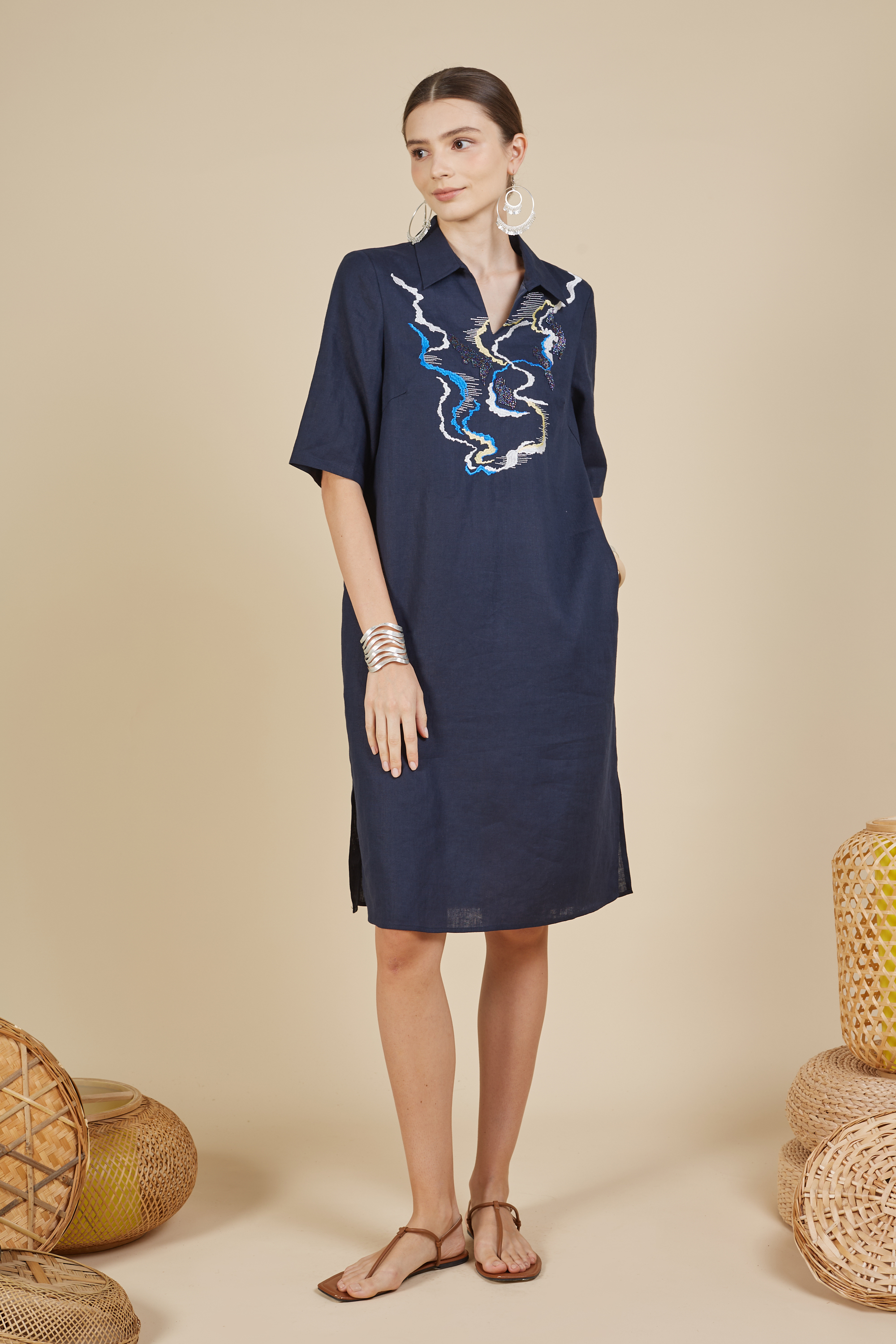 Navy Beaded Midi Dress